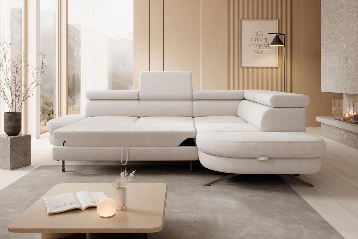 ECKSOFA OTIS L-förm, Schlaffunktion, verstellbare Kopfstützen, in AURORA-Stoff, lose Rückenkissen, freistehend, RECHTS 276x218x97 cm Beige - Beige, Holz/Textil (276/218cm) - DomoHome