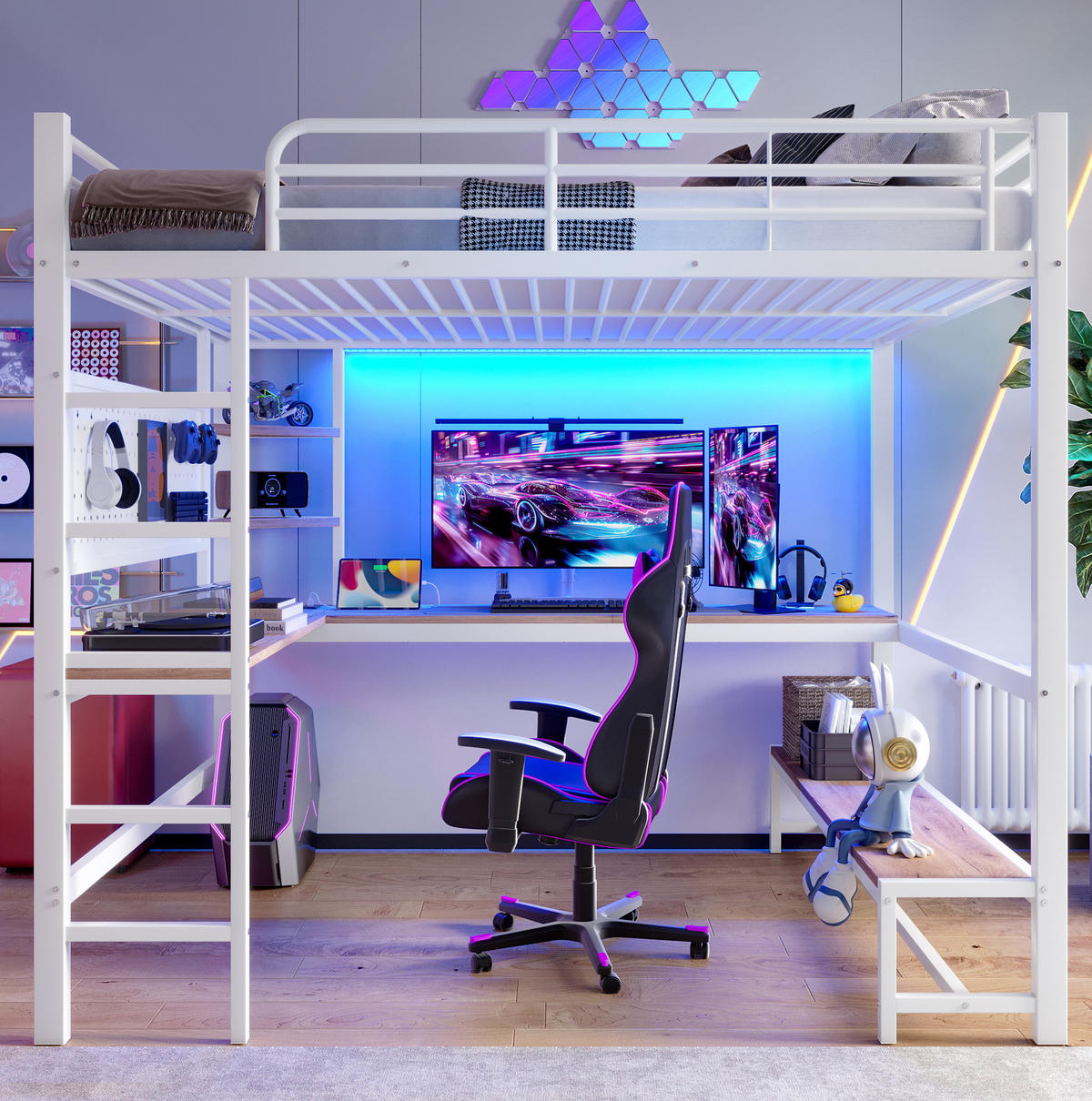 HOCHBETT aus Metall 140x200 cm Weiß mit Schreibtisch, LED, USB-C, Ablagen und Lochwand - Weiß, Metall (90/200cm) - Modfu