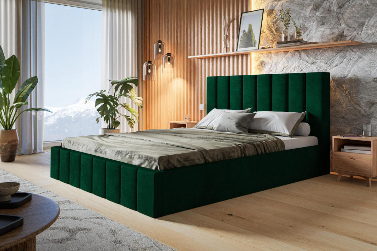 BETT 90x200 - Polsterbett mit Bettkasten und Holzrahmen - Modern Betten - Glatter Kronos-Stoff- Kollektion Toledo - Grün - Grün, Holz/Textil (90/200cm) - Alpi-Möbel