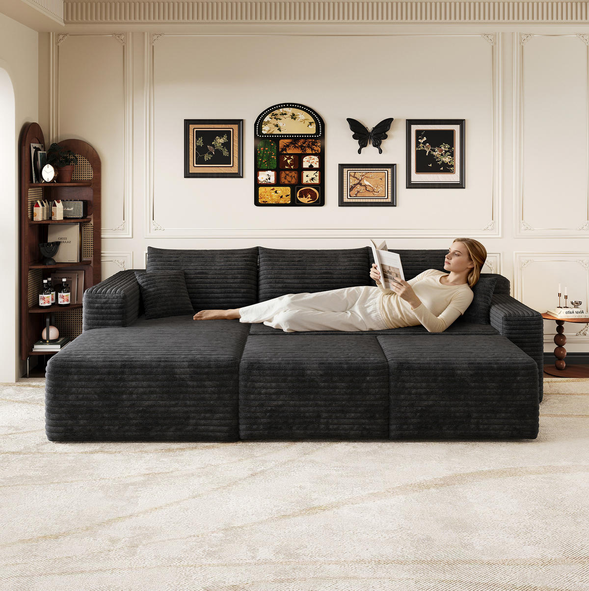 ECKSOFA 241/151/58 cm schwarz aus Stoff mit Cordbezug und Chaiselongue - Schwarz, Textil (151/241cm) - OKWISH