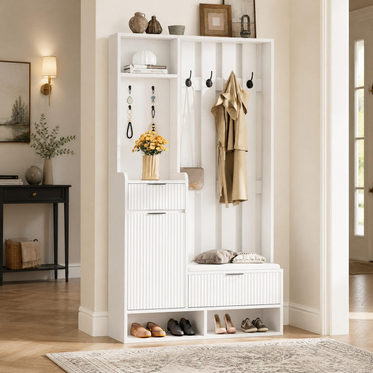 GARDEROBENKOMBINATION 100/30/180 cm aus Spanplatte mit Sitzbank, Schubladen und Kippschutz Weiß - Weiß, Holzwerkstoff (100/180/30cm) - Modenvie