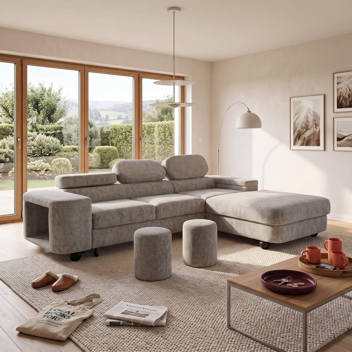 ECKSOFA LOVE L Rechts mit Schlaffunktion 124x210 Chenille Grau - Schwarz/Grau, Holz/Textil (205/284cm) - Muffo