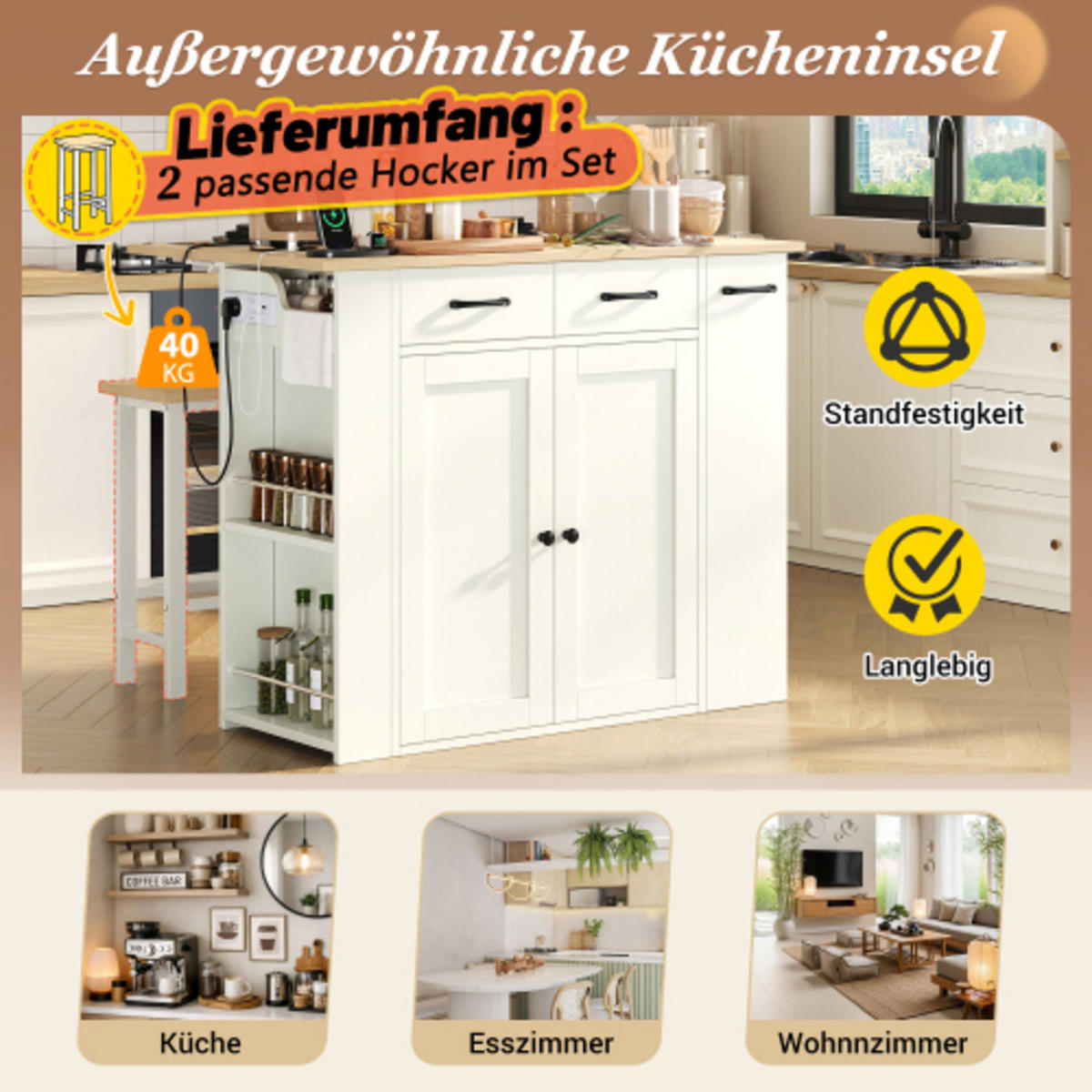 KÜCHENINSEL mit klappbarer Arbeitsplatte weiß 120×45-75×96 cm aus Spanplatte - Weiß, Holzwerkstoff (120/96/75cm) - Luhomfu
