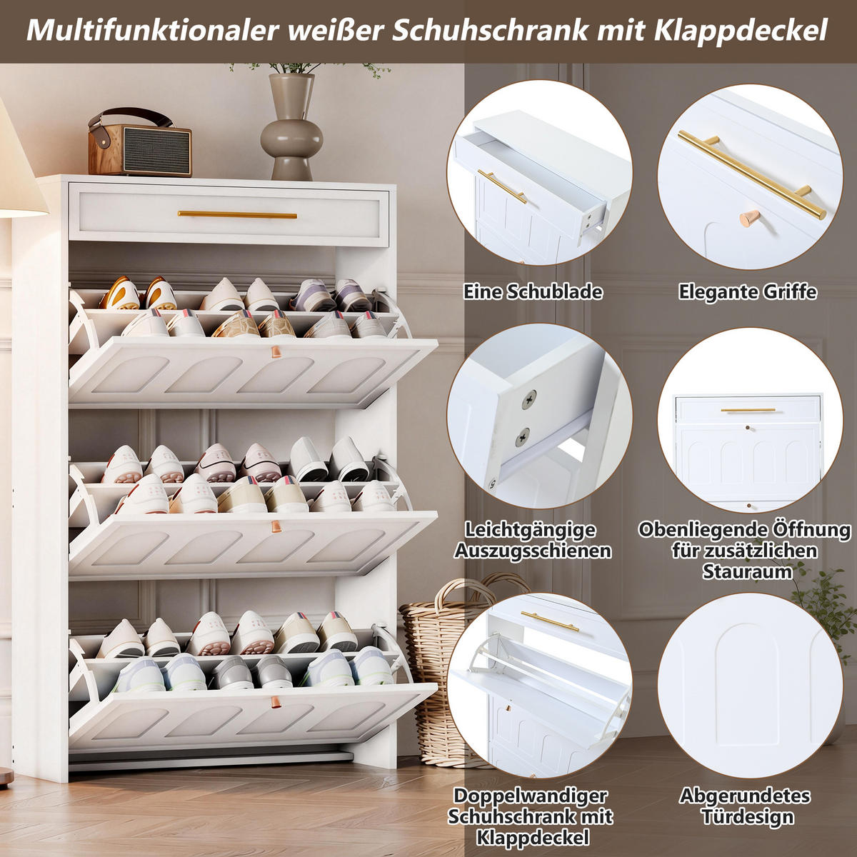 SCHUHSCHRANK Weiß MDF 6 Fächer 1 Schublade 70x25x123.5cm - Weiß, Holzwerkstoff (25/123.5/70cm) - FLIEKS