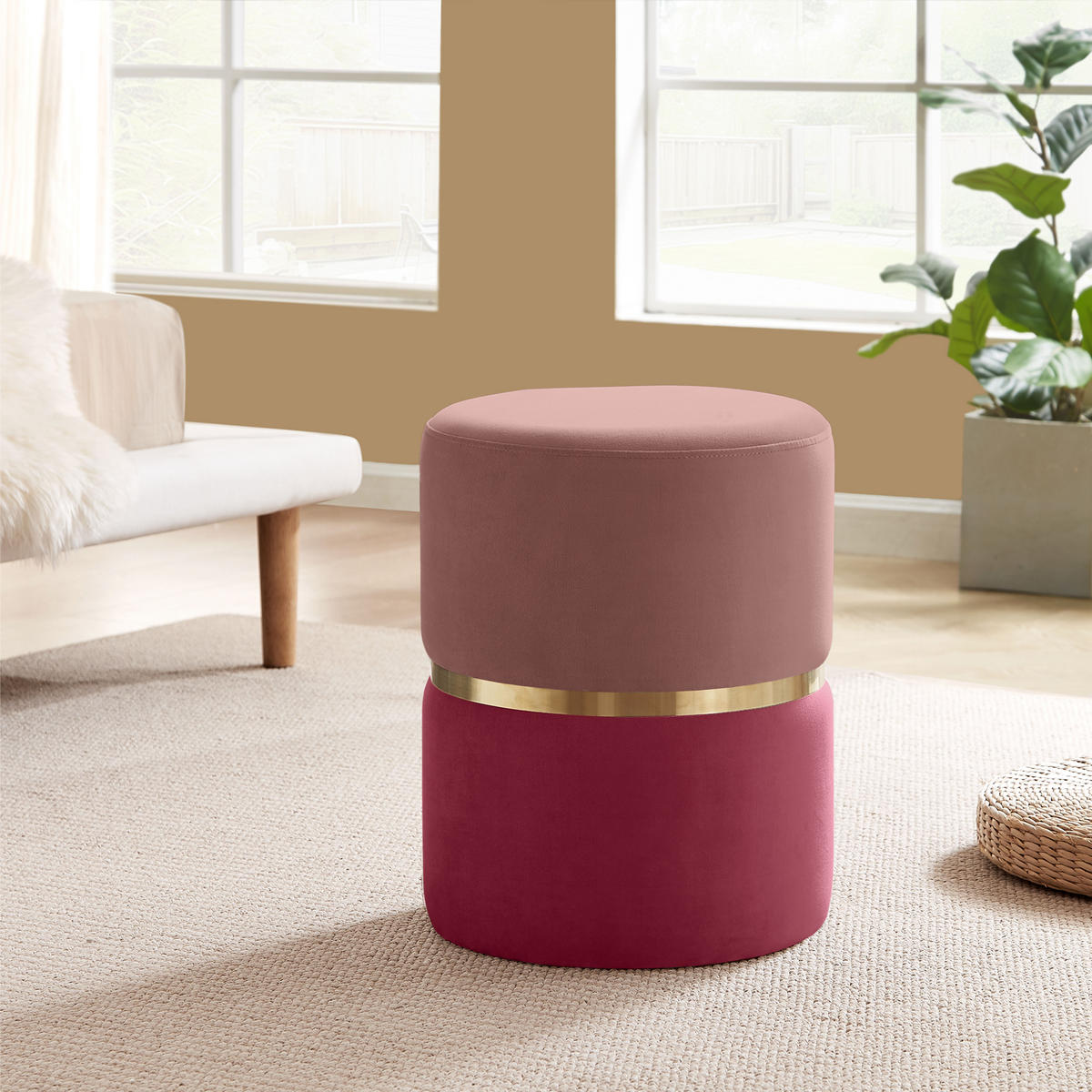 POUF Louise aus himbeerrosa Samt und goldfarbenem Metall - Pink, Holzwerkstoff/Textil (35/44/35cm) - Sicaan