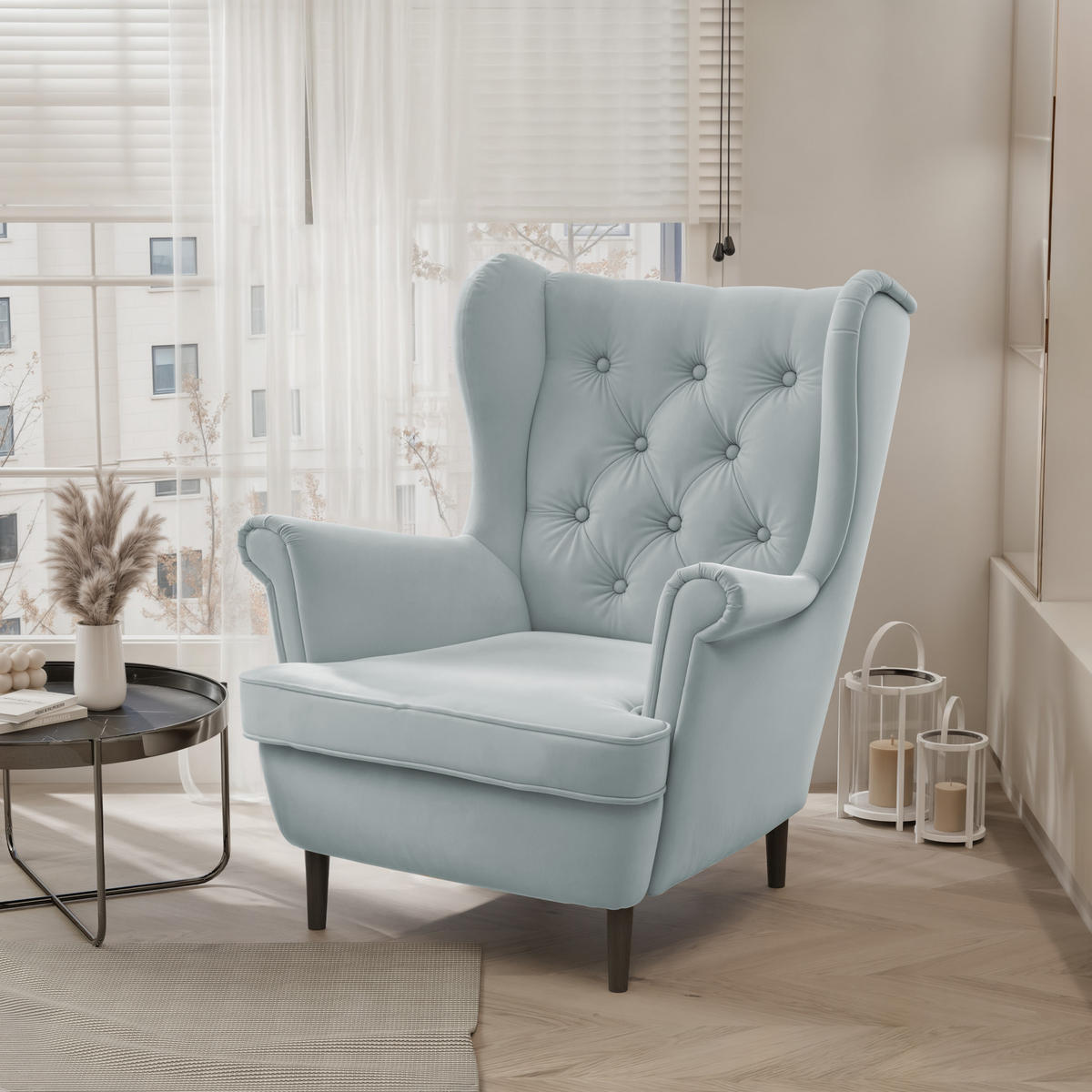 OHRENSESSEL SCANDI - Blau, Holz (75/103/60cm) - Idohome