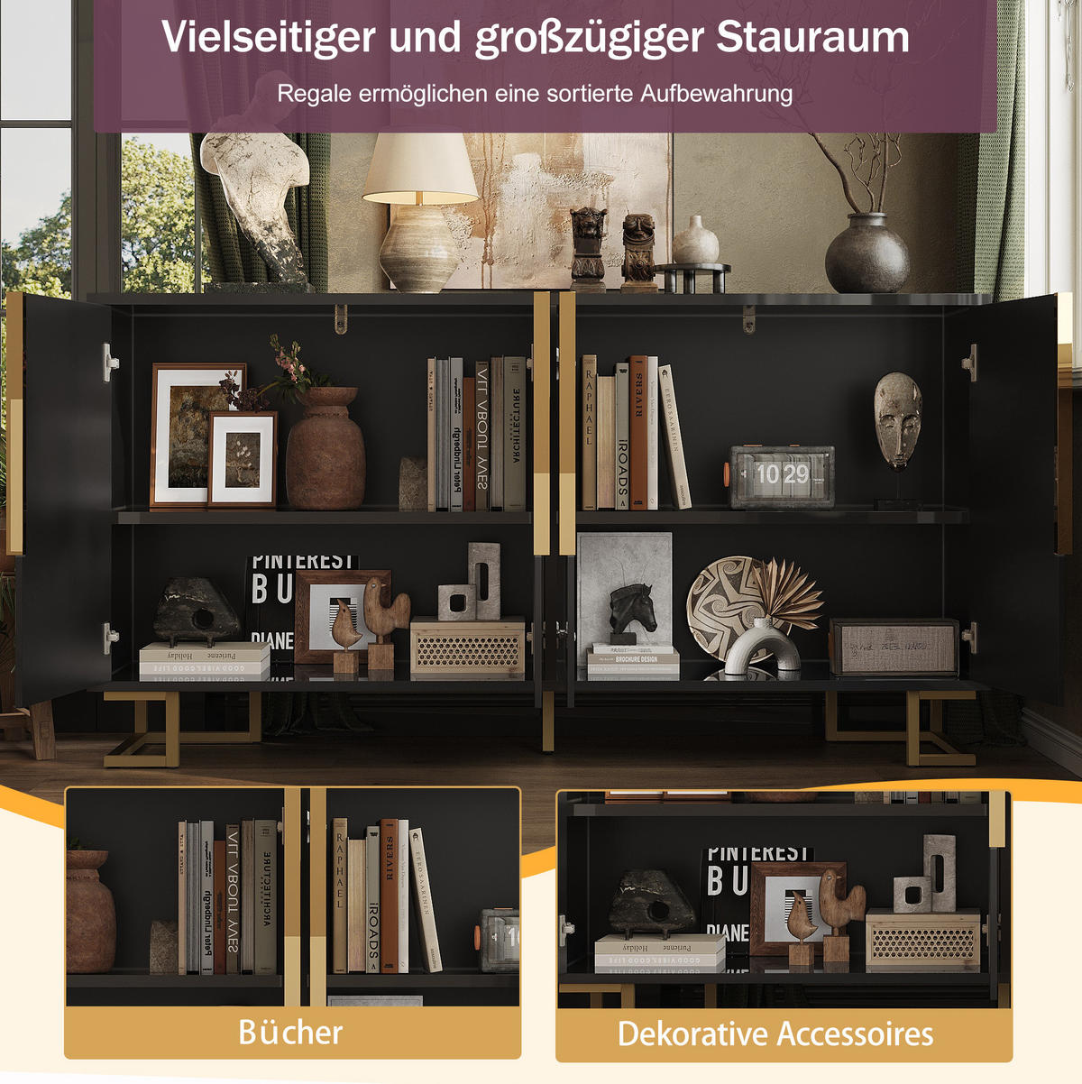 SIDEBOARD aus MDF 152x40x75 cm Schwarz mit 2 Türen, 4 Fächern, geometrischer Front und Kippschutz - Schwarz, Holzwerkstoff (152/75/40cm) - Modfu