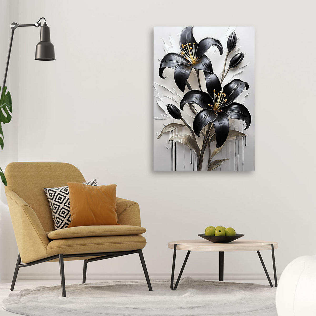 LEINWANDBILD Lilienblüten schwarz bemalt 40x60cm - Schwarz, Textil (40/60cm) - Feeby