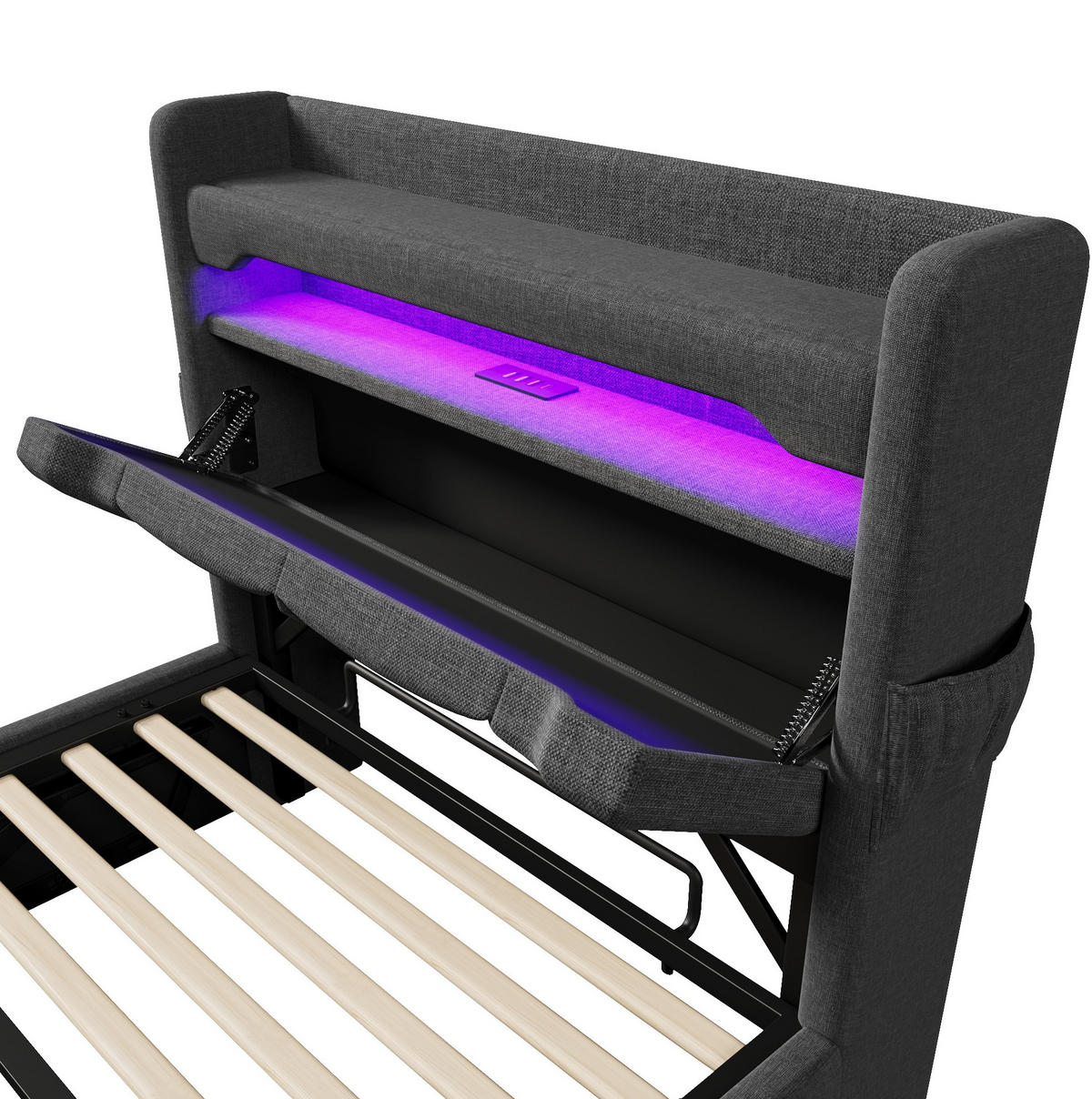 POLSTERBETT 90/200 cm Grau aus Leinen mit LED und Stauraum - Grau, Textil (90/200cm) - OKMYHOME