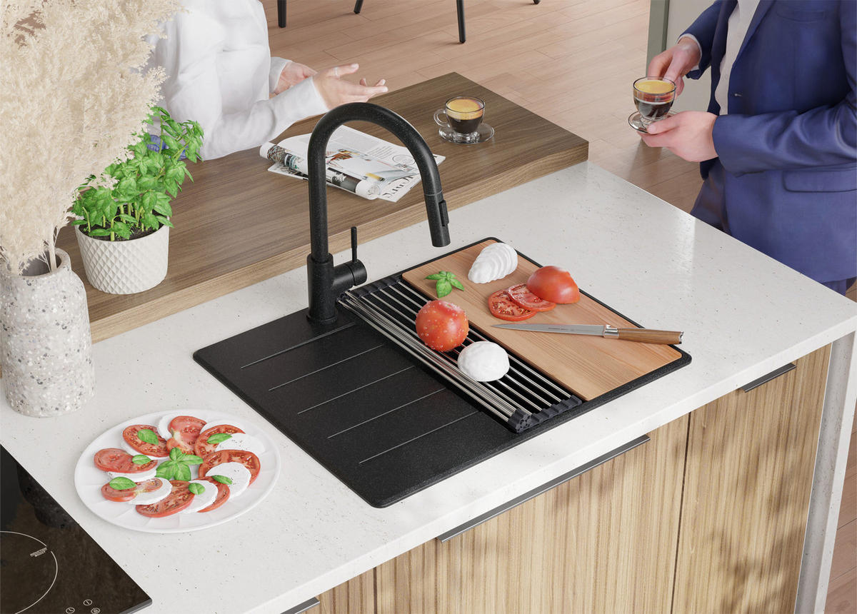 SPÜLBECKEN Kopenhagen, 2-er set Anthrazit 62/50 cm 1 Becken + Ablauf-Set + Schneidebrett ab 45er Unterschrank - Chromfarben/Anthrazit, Kunststoff (62/20/50cm) - Primagran