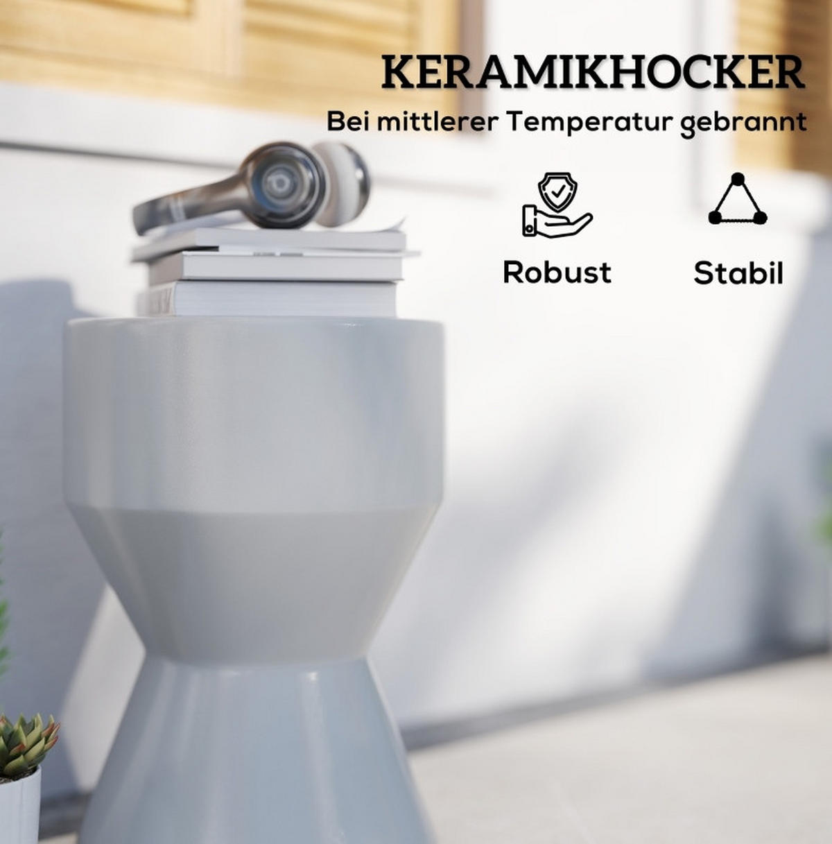GARTENHOCKER aus Keramik Ø33x45,5 cm Hellgrau wetterfest, vielseitig als Sitzhocker oder Beistelltisch - Hellgrau, Keramik (33/45.5/33cm) - Modfu