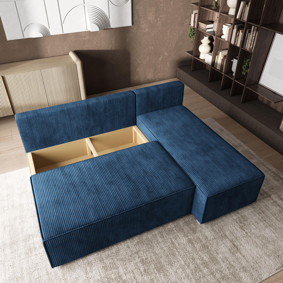 ROHOVÁ SEDAČKA BRISO modrá - šedá/modrá, dřevo/textil (200/140cm) - MASSENO