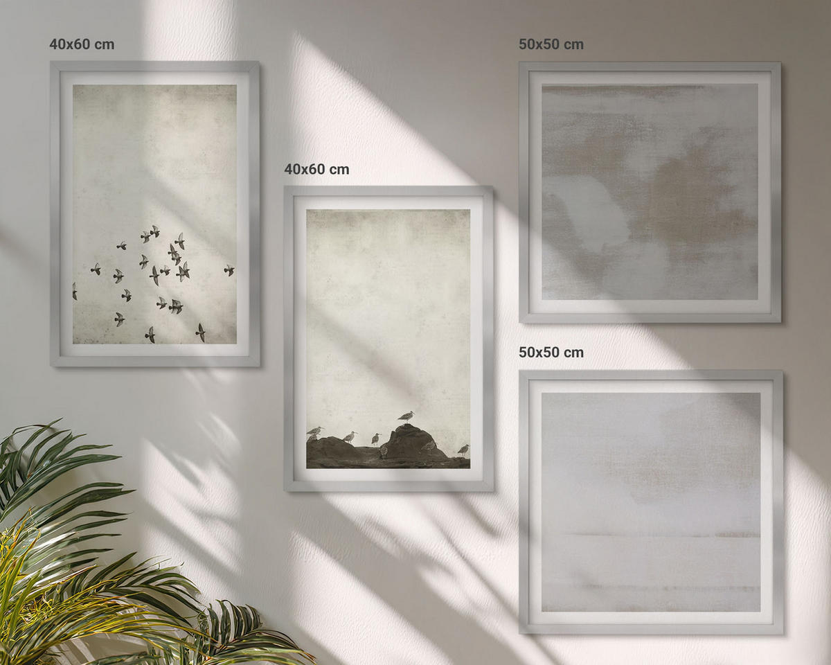 BILDER SET 4er Set - 50x50 cm & 40x60 cm Silberner Rahmen - Minimalistische Vögel im Flug - Silberfarben, Kunststoff (50/50cm) - TULUP