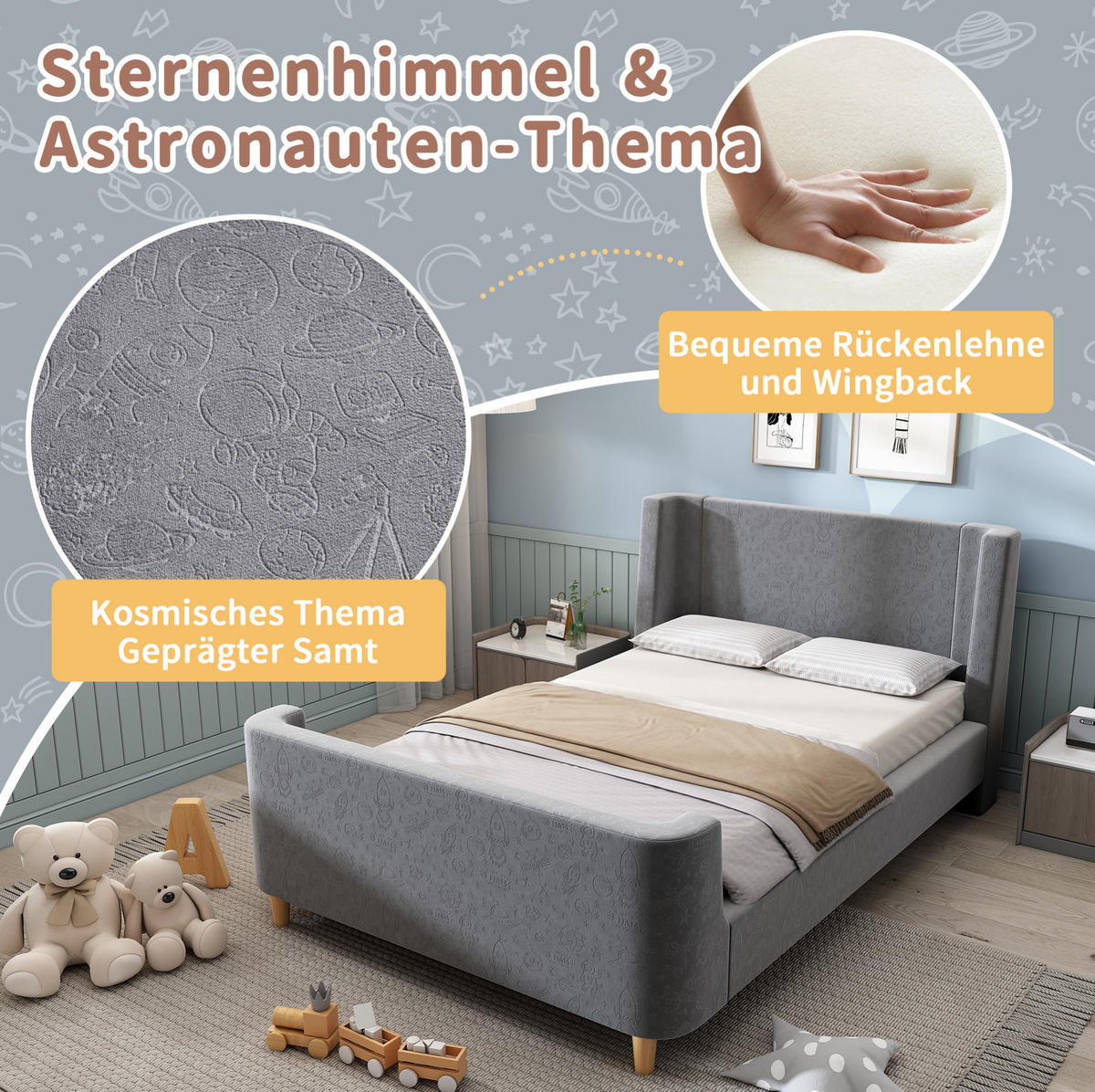 KINDERBETT 90/200 cm aus Samt mit gepolstertem Kopfteil im Weltraumdesign Grau - Grau, Textil (90/200cm) - Modenvie