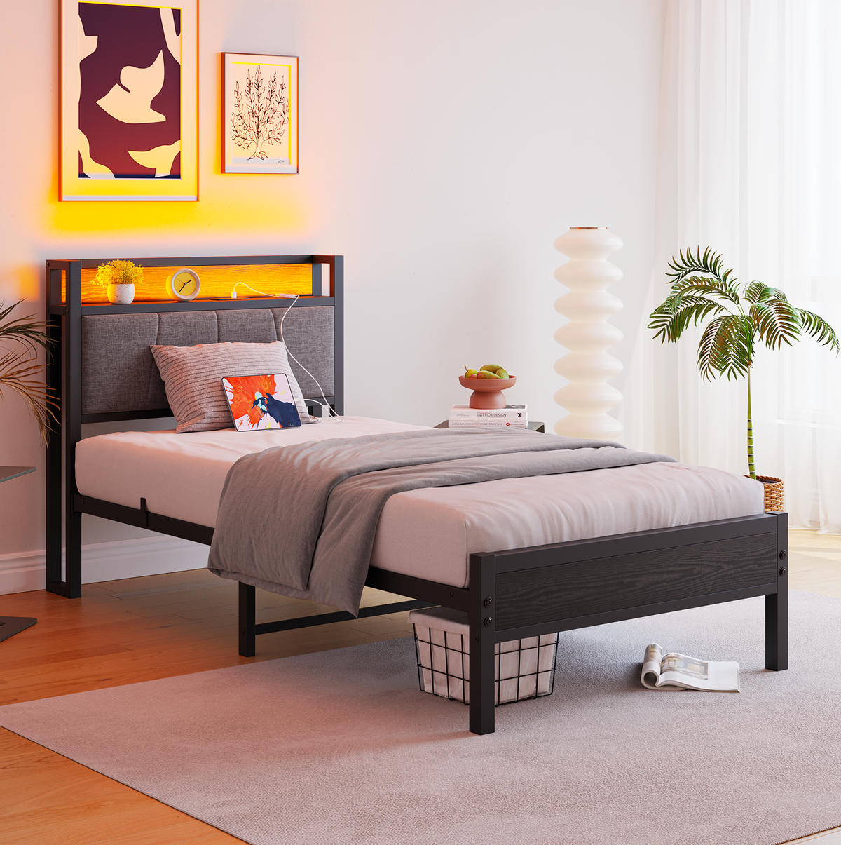 POLSTERBETT 90/200 cm mit LED-Beleuchtung, USB-Anschlüssen, Steckdose und Stauraum-Kopfteil, Schwarz - Schwarz, Holzwerkstoff (90/200cm) - Redom