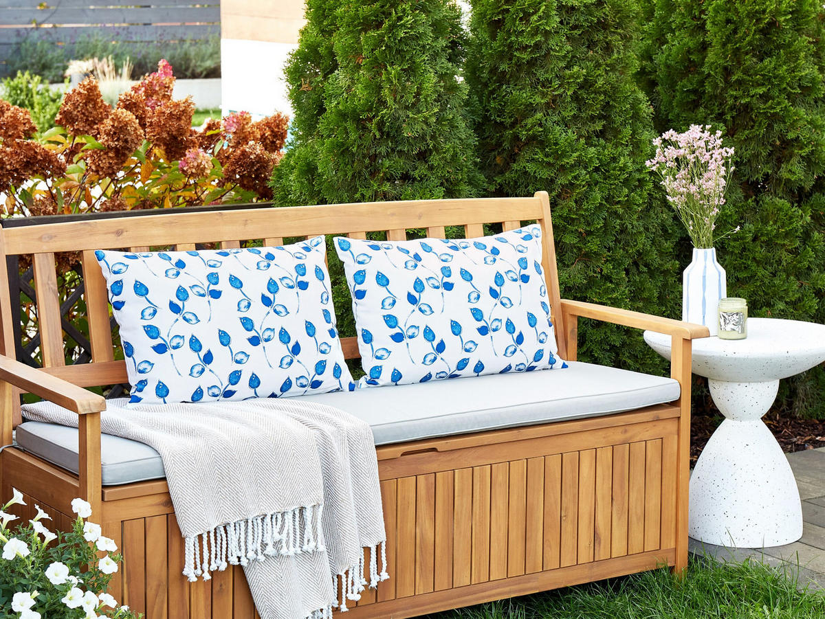GARTENKISSEN 2er-Set Blattmotiv weiß/blau 40/60 cm Torbora - Weiß, Textil (40/60cm) - Beliani
