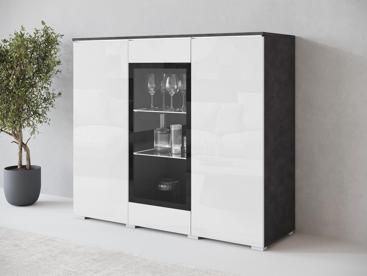 KOMMODE Vera 120 mit weißer LED Beleuchtung - Weiß Hochglanz/Silberfarben, Holzwerkstoff/Kunststoff (120/104/40cm) - MIRJAN24