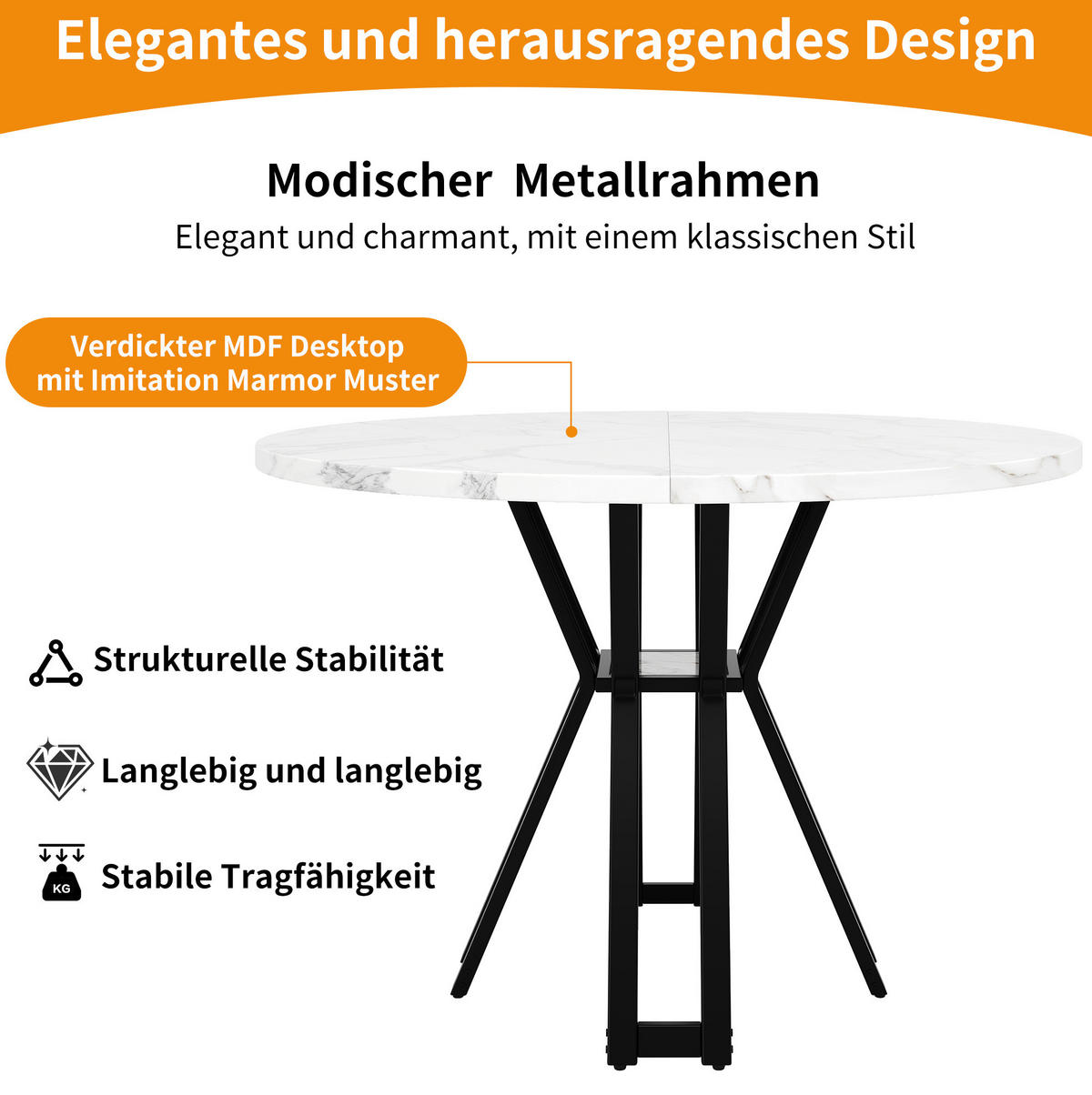 ESSTISCH, MDF-Tischplatte in Marmoroptik & Metallgestell, 100/100/76 cm, Schwarz - Schwarz, Holzwerkstoff (100/100/76cm) - Redom