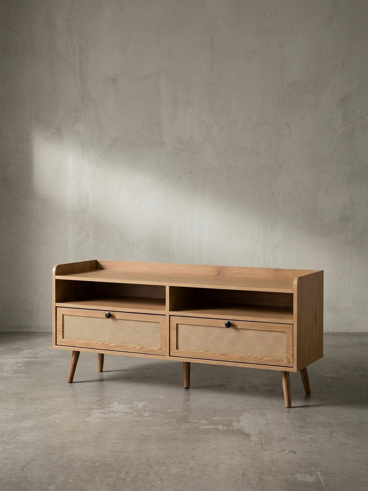 LOWBOARD Eiche-Dekor Rattan Modern Stil 120x56x39 cm mit Schubladen - Eichefarben/Braun, Holz (120/56/39cm) - KADIMA DESIGN