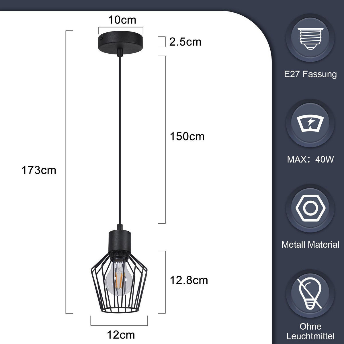 HÄNGELEUCHTE Franz 1-flammig 12/12/173 cm - Schwarz, Metall (12/12/173cm) - Nettlife