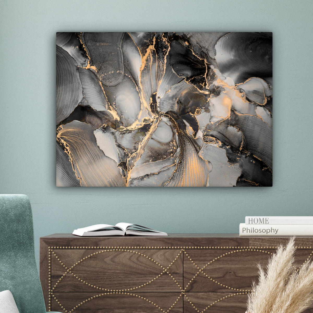 LEINWANDBILD Grau - Luxus - Gold - Marmor Wandbilder 80x60 cm - Dunkelgrau, Textil (80/60cm) - MuchoWow