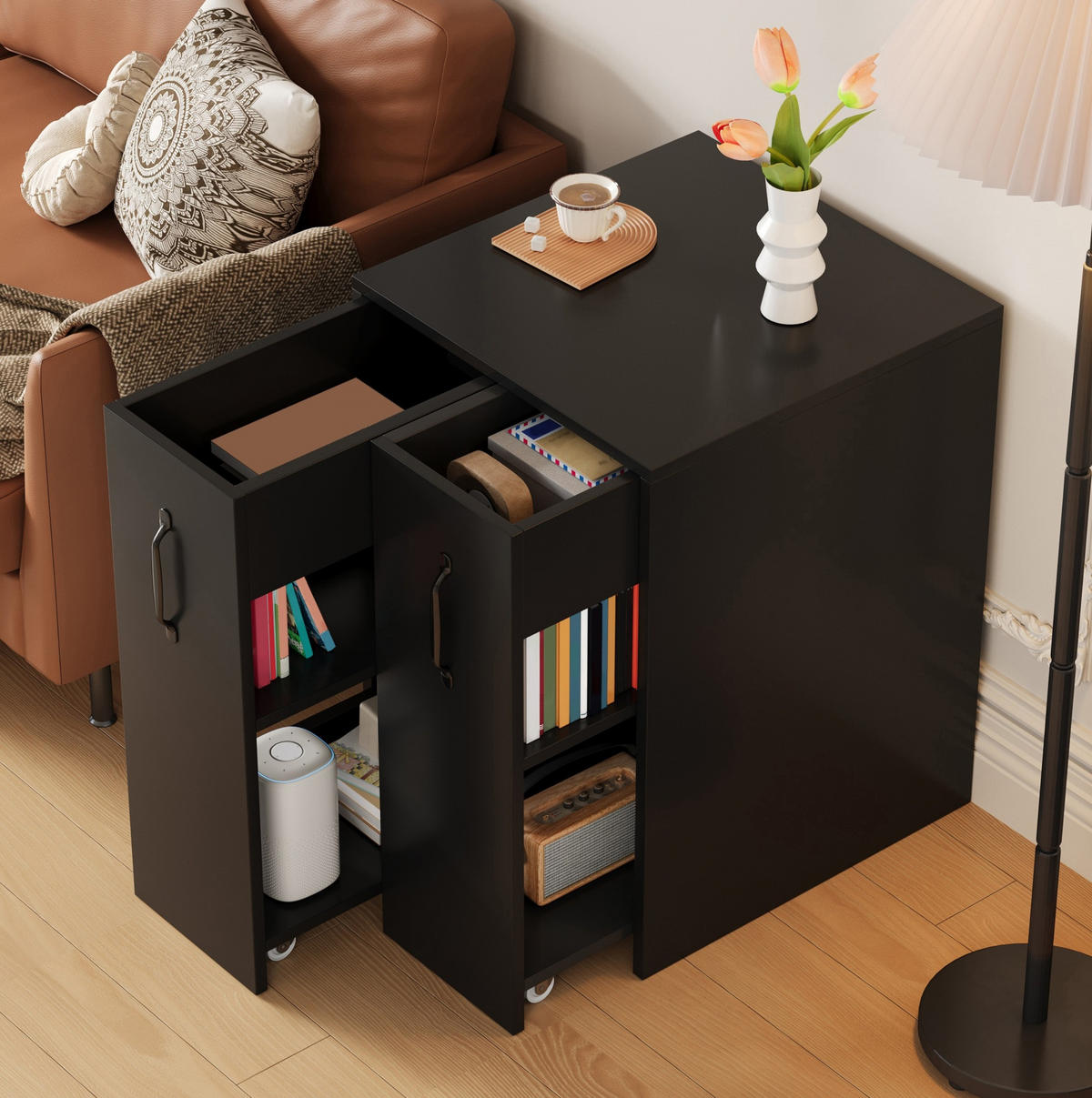 SIDEBOARD 52/50/75 cm Schwarz aus Spanplatte mit Rollen - Schwarz, Holzwerkstoff (50/75/52cm) - OKMYHOME