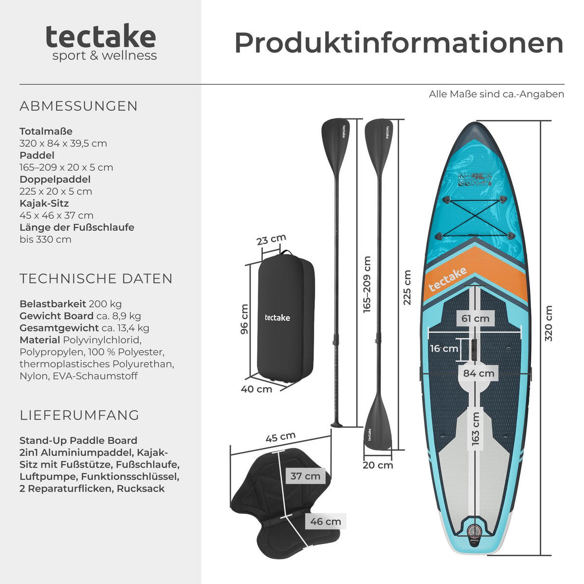 STAND UP PADDLE BOARD Palagios, Belastbarkeit 200 kg, inklusive Kajak-Sitz, türkis/orange - Türkis, Kunststoff (320/84/0.4cm) - tectake