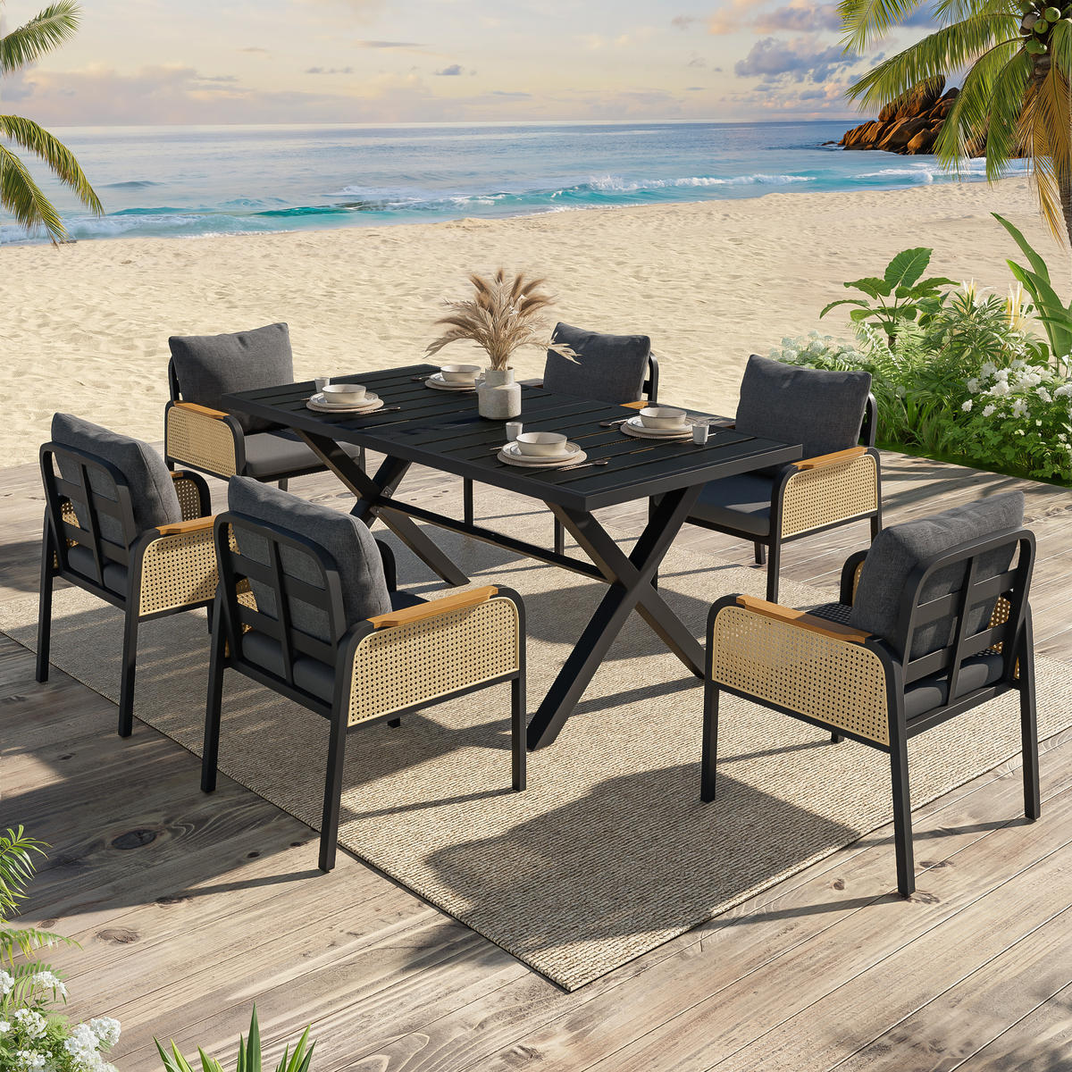 OUTDOOR SOFA SET Metall Armlehnen Kissen - Schwarz, Metall - LEBENLANG