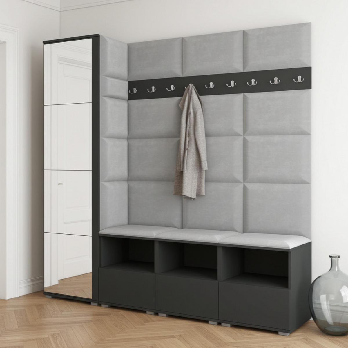 GARDEROBE NELA IX 200 cm (Modulare Flurmöbel Graphit mit Spiegel & Sitzpolster Hellgrau 32 Breite Sitzbank) - Silberfarben/Hellgrau, Holz/Holzwerkstoff (200/187/40cm) - Ravio