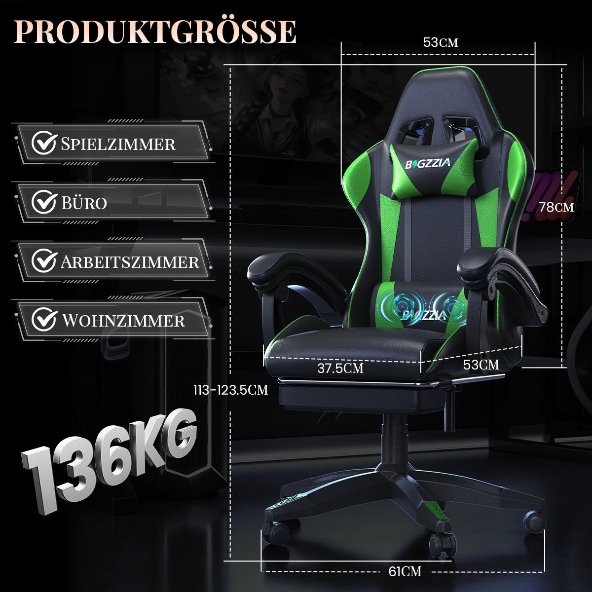 GAMINGSTUHL Schwarz-Grün,mit Massage,Fußstütze, Ergonomisch, Verstellbar - Grün, Metall (26/59/77cm) - Rattrix