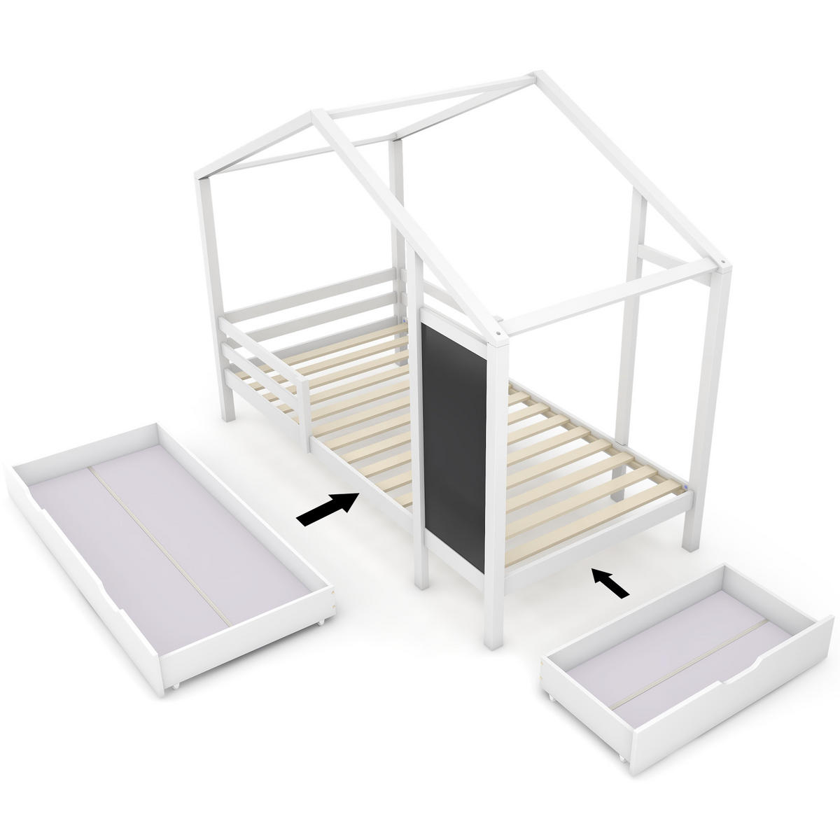 HAUSBETT Kinderbett 90/200 cm mit Tafel und 2 Schubladen aus Massivholz in Weiß - Weiß, Holz (90/200cm) - OKWISH