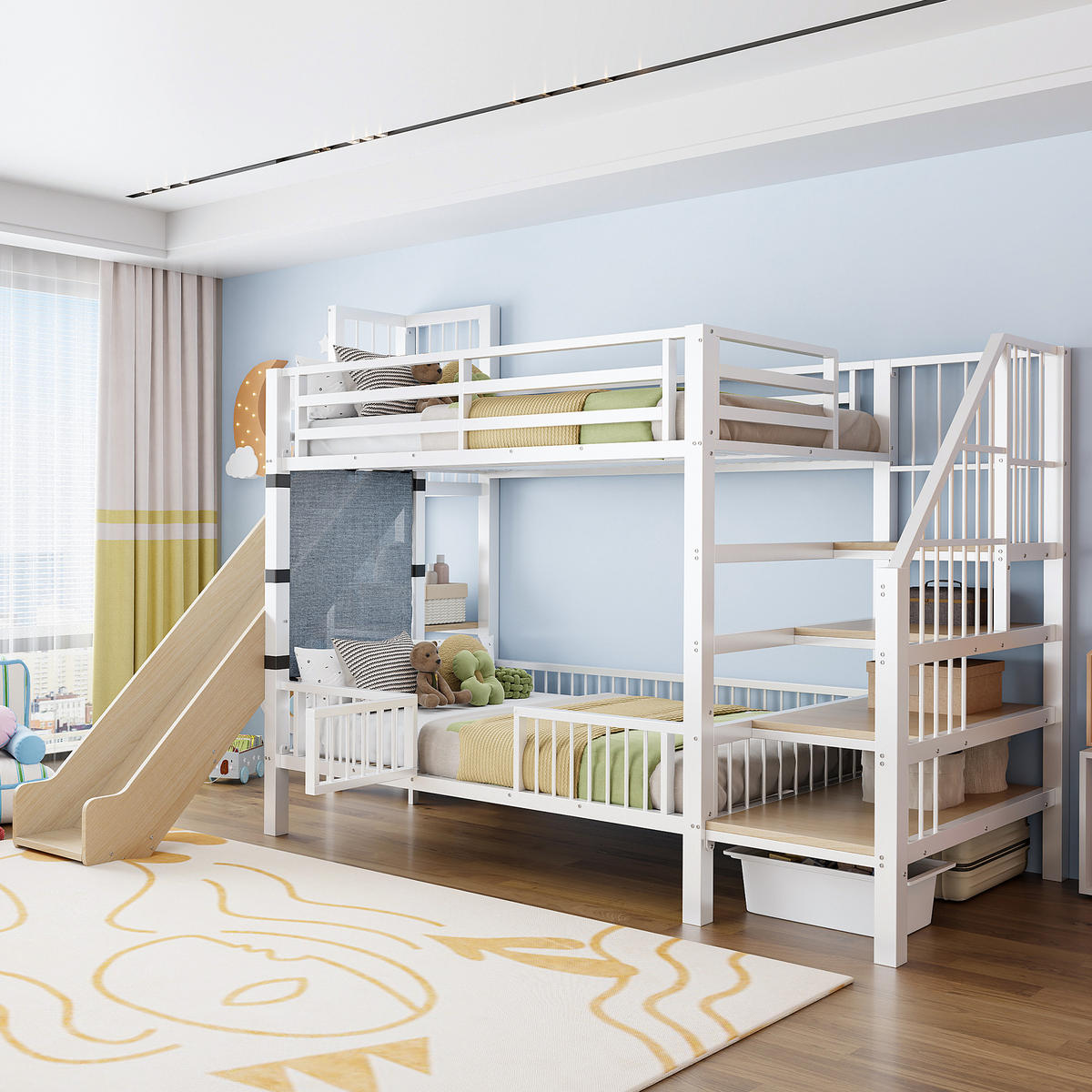 METALL-ETAGENBETT Kinder Weiß 90/200 cm mit Rutsche und Stauraumtreppe - Weiß, Metall - ComfortXL