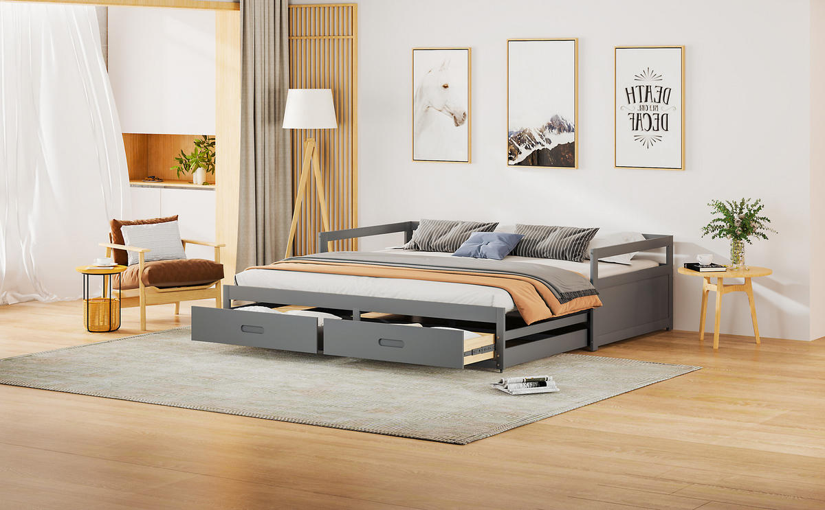 SCHLAFSOFA 90/180x200 Kiefer Schubladen Stauraum Grau - Grau, Holzwerkstoff - FLIEKS