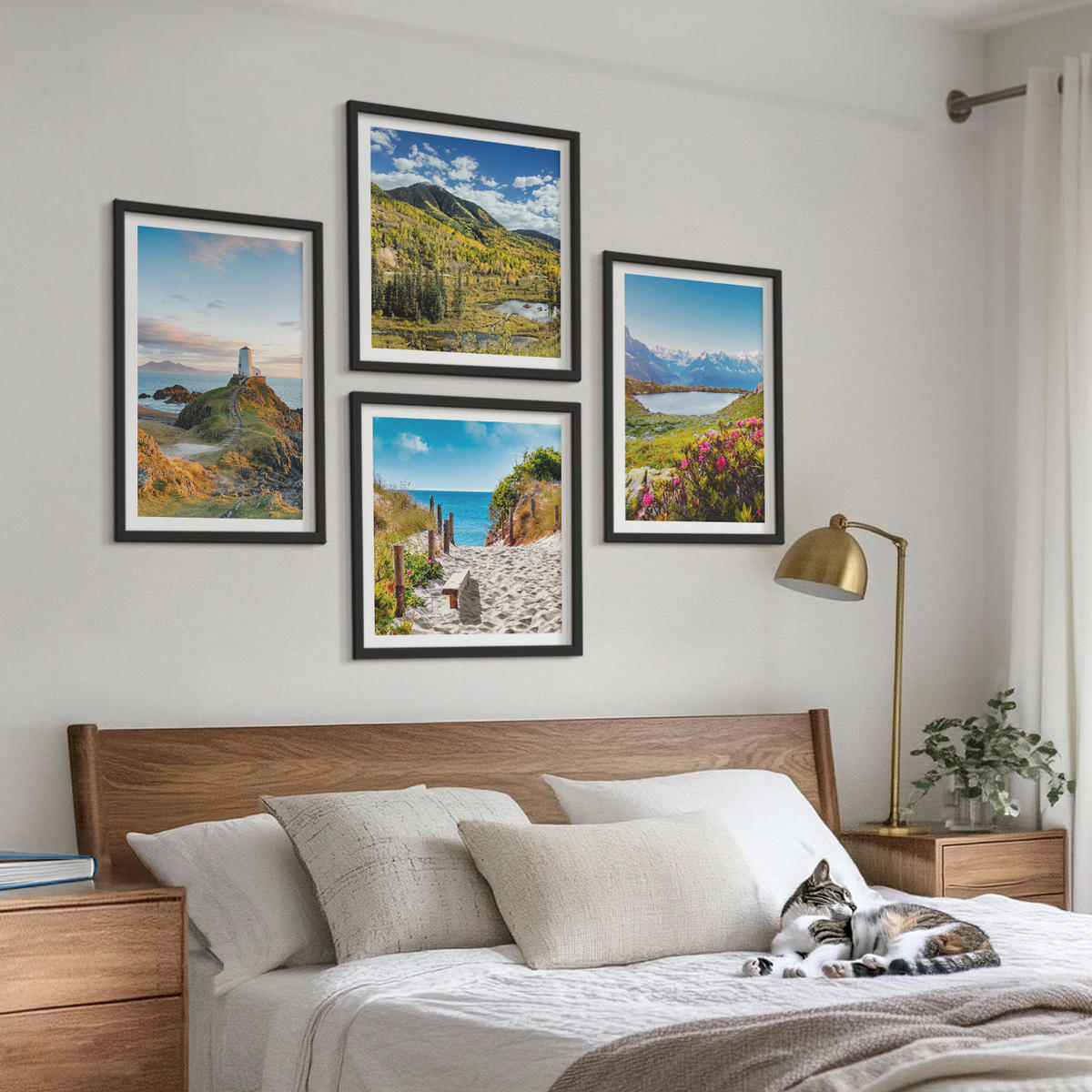 WANDBILDER 4er-Set - 50x50 cm & 40x60 cm Schwarzer Rahmen - Strand, Leuchtturm, Berge, Wiesen, Blumen - Schwarz, Kunststoff (50/50cm) - ArtPrintCave