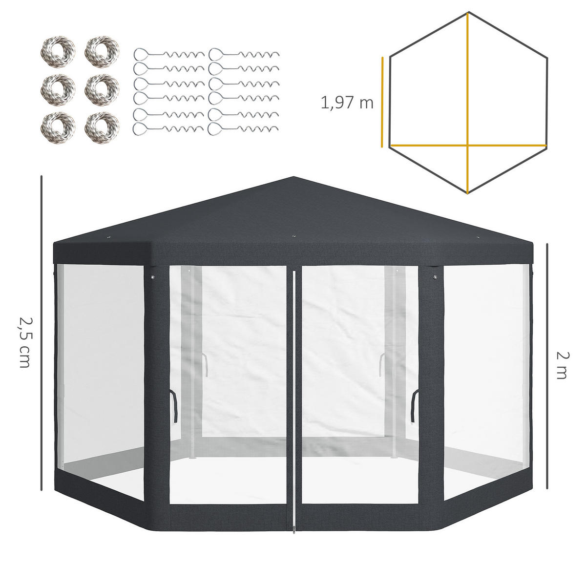 GARTENPAVILLON, 6-eckig, Netzvorhänge, Metallgestell, 3,94x3,412x2,5m, Dunkelgrau - Dunkelgrau, Metall (394/250/341.2cm)