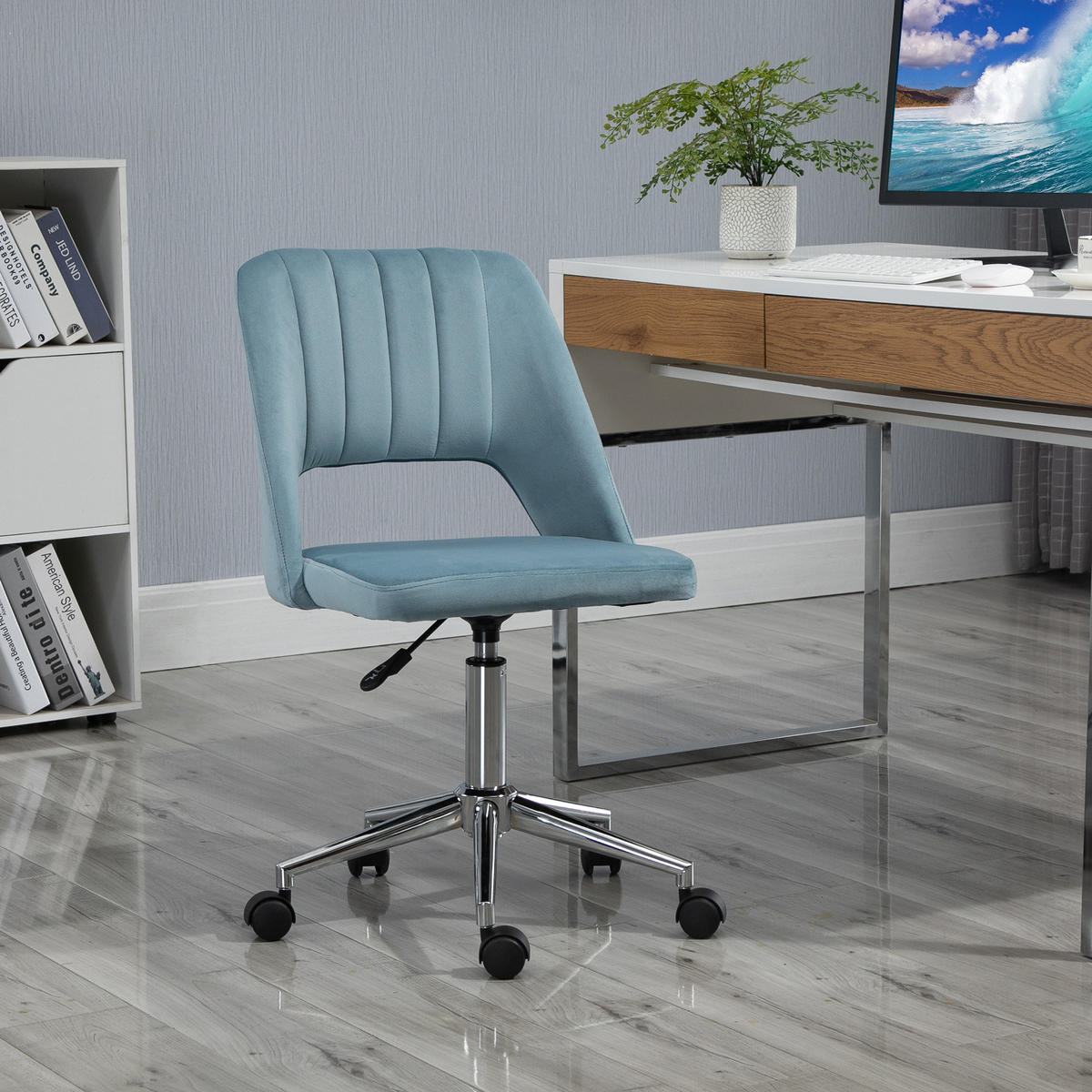 BÜROSTUHL Drehstuhl Jakobsmuschel-Form verstellbar Samtartiges Polyester Blau - Blau/Chromfarben, Textil/Metall (60/91/49cm) - Vinsetto