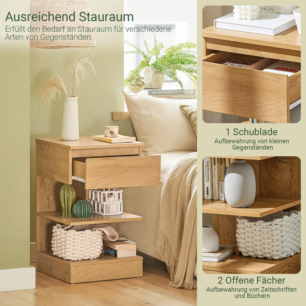 NACHTTISCH Natur - Naturfarben, Holzwerkstoff (39/39/65cm) - SoBuy
