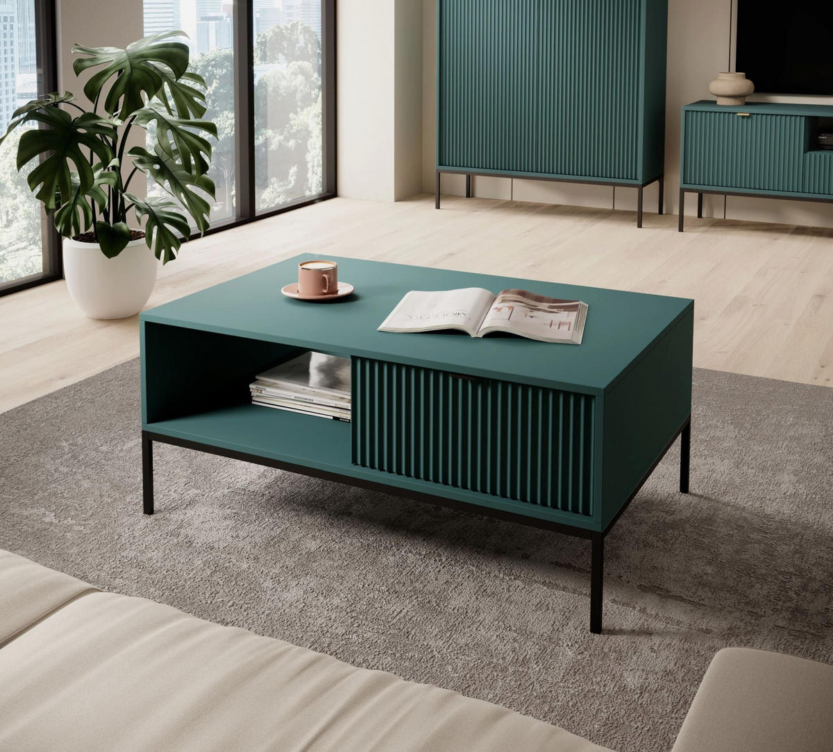 KONFERENČNÍ stolek Vellore Zelený s černou podnoží 104 x 68 cm - zelená barva, kov/kompozitní dřevo (68/104/46cm) - Selsey