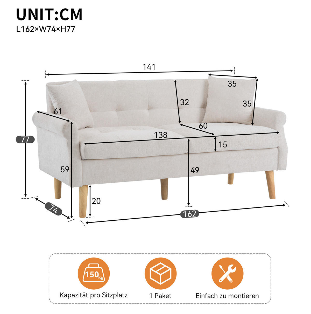SOFA od ženilije, 162/74/77 cm bež, dvosjed s jastucima - bež, tekstil (77/162/74cm) - BEAOK