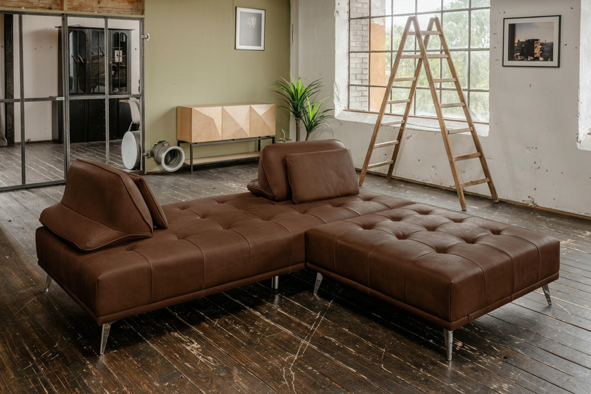 SOFA MIT HOCKER WIOLO 2ER SET Dunkelbraun Leder - Dunkelbraun/Silberfarben, Leder/Metall (240/83/110cm) - KAWOLA