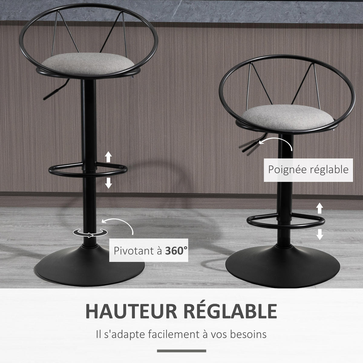 BARHOCKER 2er-Set DE-14682 höhenverstellbar & schwenkbar Grau - Grau, Metall (46/100/51cm) - ComfortXL