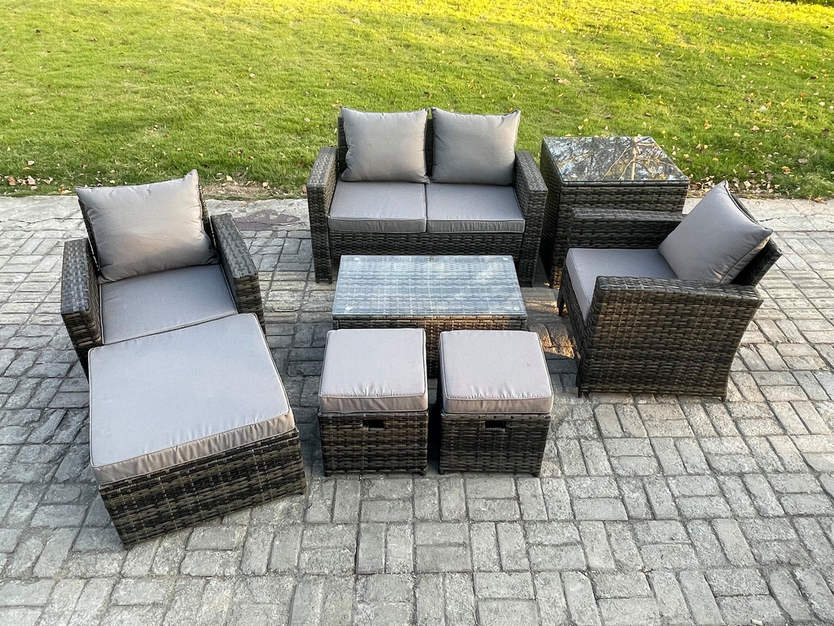 GARTENMÖBEL-SET MIT RECHTECKIGEM COUCHTISCH DOPPELSITZ-SOFA 3 HOCKER BEISTELLTISCHE Polyrattan Dunkelgrau Gemischt 7-Sitzer - Dunkelgrau, Metall - Fimous