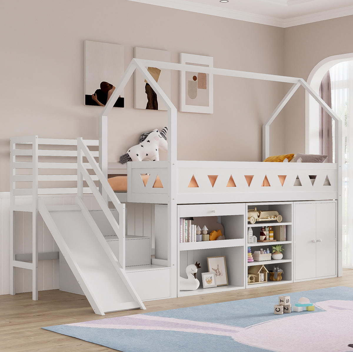 KINDERBETT 90/200 cm mit Rutsche, Treppe, Schubladen und Stauraum ohne Matratze - Weiß, Holz (90/200cm) - MIVRAY