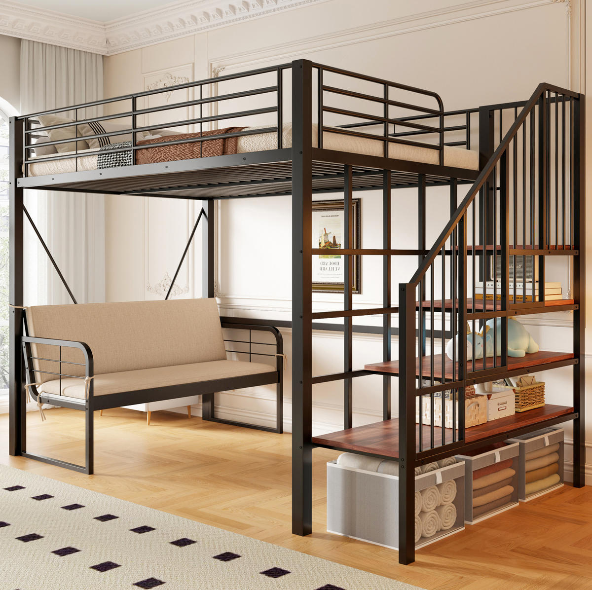 ETAGENBETT 140/200 cm, Schwarz mit Stauraum und Polstersofa - Schwarz, Metall (140/200cm) - MIVRAY