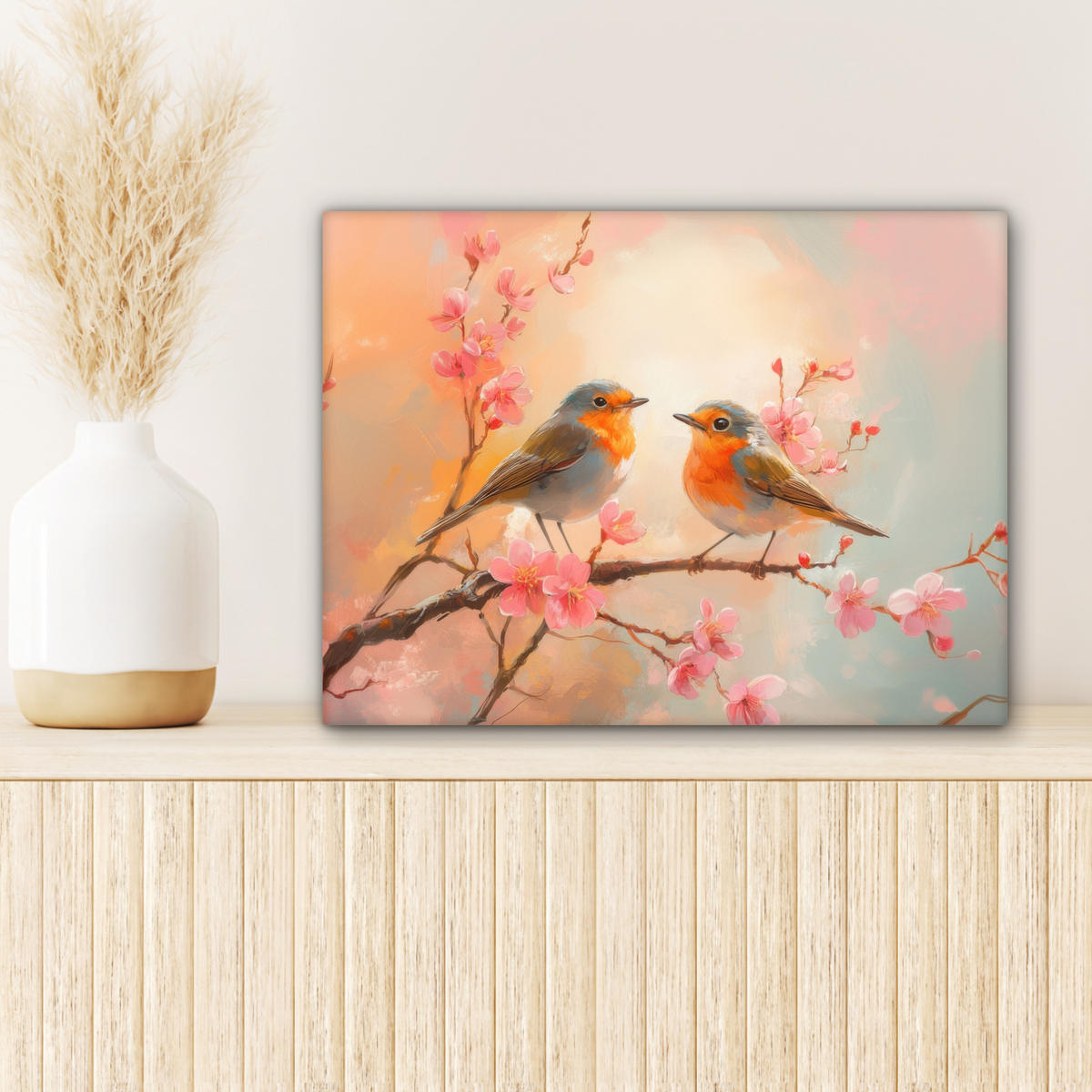 LEINWANDBILD Rotkehlchen - Zierpflanze - Blütenzweig Wandbild 40x30 cm - Hellrosa, Textil (40/30cm) - MuchoWow