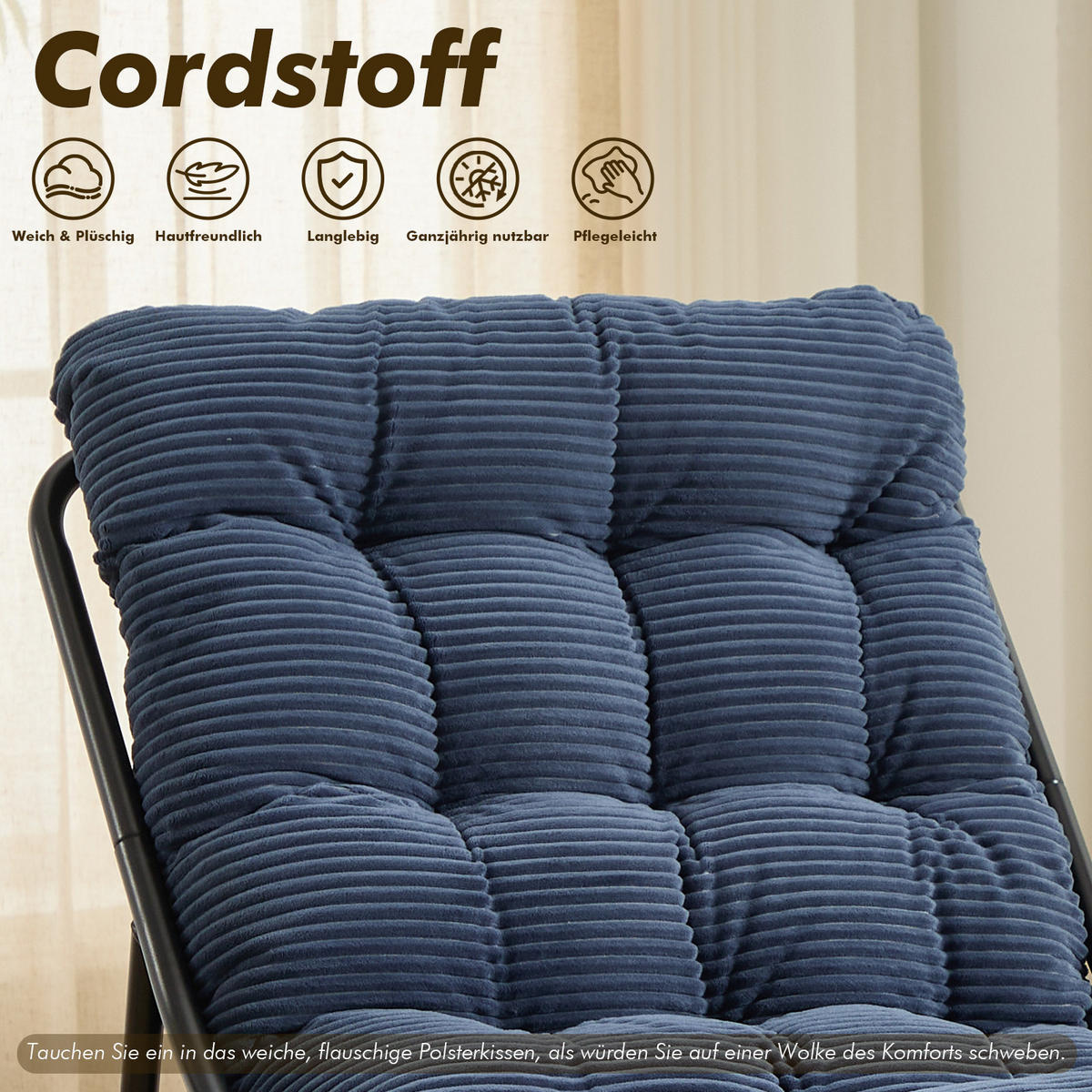 SESSELSET, Relaxsessel mit Hocker,Stahlrahmen,Cord,Blau - Blau, Metall (78/86/65cm) - LVHOM