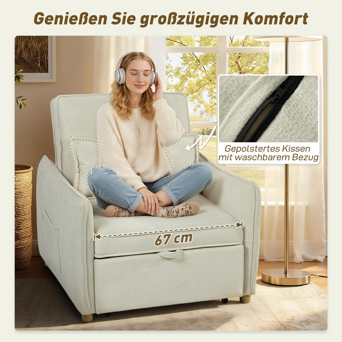 SCHLAFSESSEL 3 in 1 Umwandelbarer Sessel mit Bettfunktion, Lendenkissen, Creme - Eukalyptusholzfarben/Creme, Holz/Textil (84/87/88cm) - HOMCOM