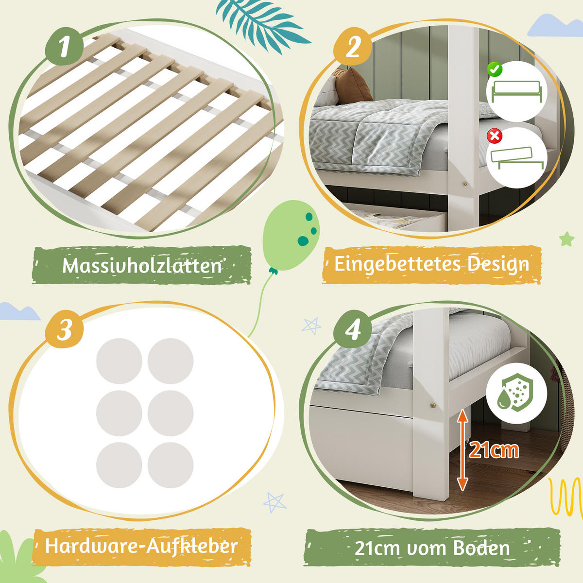KINDERBETT 90/200 cm mit Schublade und abnehmbarem Nachttisch aus Massivholz in Hausform, Weiß - Weiß, Holzwerkstoff (90/200cm) - Redom