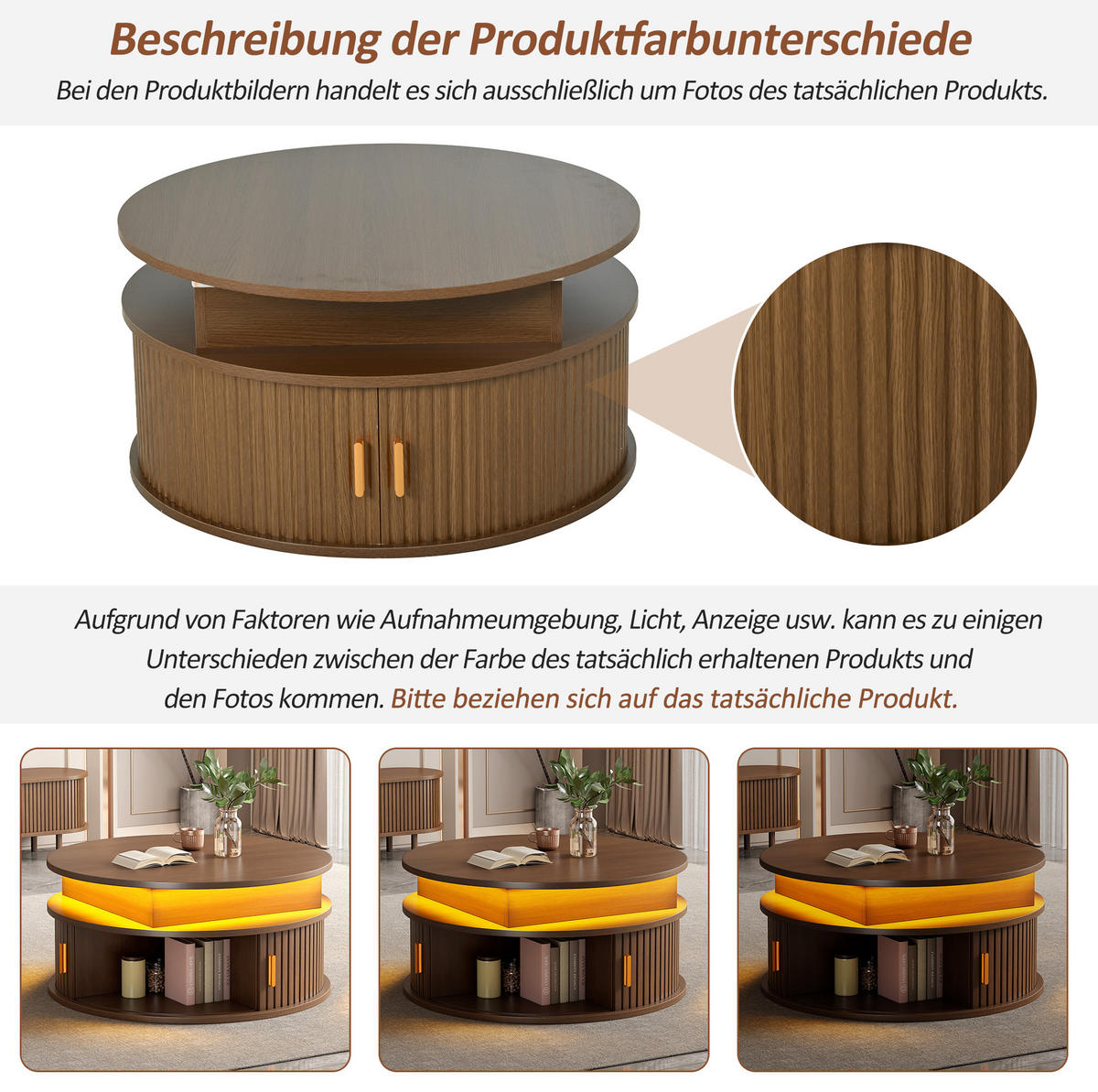 COUCHTISCH 75/75/52 cm walnussfarben aus MDF höhenverstellbar mit LED und Stauraum - Nussbaumfarben, Holzwerkstoff (75/75/52cm) - OKWISH
