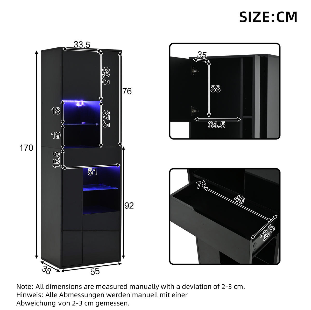VITRINE 55/38/170 cm in Schwarz mit LED-Beleuchtung und Hochglanzfront - Schwarz, Holzwerkstoff (55/170/38cm) - Flora Grace